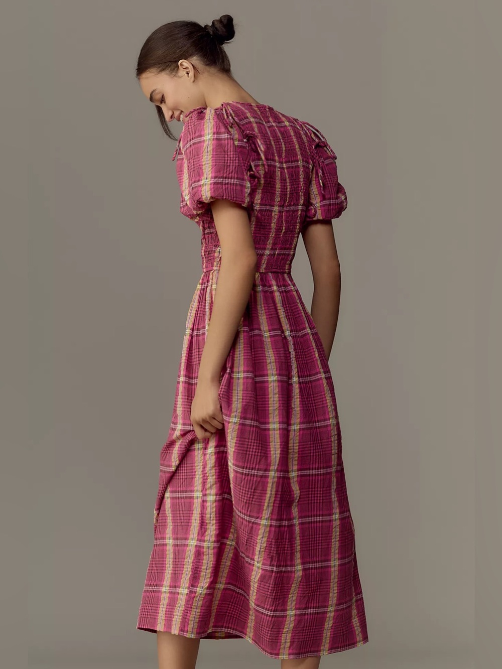 Damson Madder Becca Multi-Way Midi Dress in Pink/Khaki Check | US 12 - Picture 4 of 16